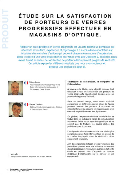 Etude sur la satisfaction de porteurs de verres progressifs effectuée en magasins d'optique